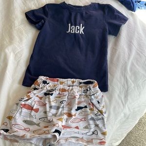 Navy shirt monogrammed “jack” with fishy shorts